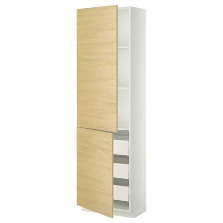 Высокий шкаф + полки, 3 ящика, 2 дверцы МЕТОД / МАКСИМЕРА, белый, Тингсрид береза