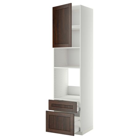 Высокий шкаф для духовки/СВЧ дверца, 2 ящика МЕТОД / МАКСИМЕРА, белый, Эдсерум коричневый