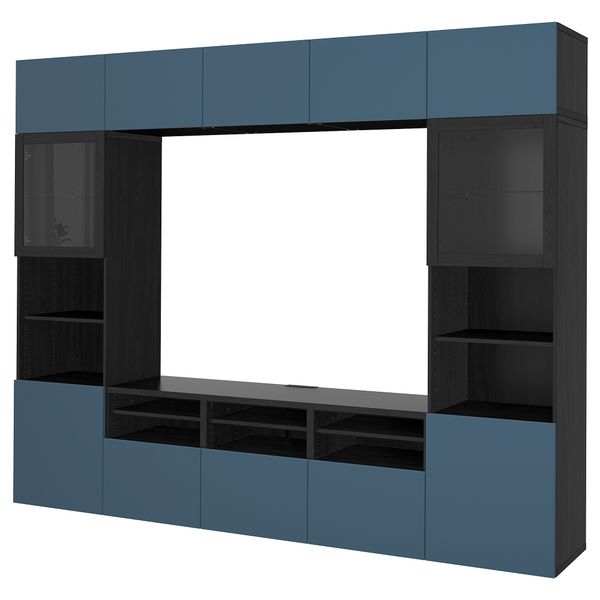 Шкаф для ТВ, комбинированный, стекляные дверцы БЕСТО, черно-коричневый Вальвикен, темно-синий прозрачное стекло (300x40x230 см) - фото 1