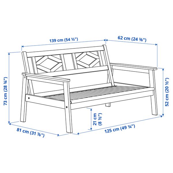 2-местный диван, садовый, 139x81x73 см, серый IKEA BONDSTOCKHOLM СТОКГОЛЬМMEN БОНДХОЛЬМЕН 704.206.63 - схема-чертеж с размерами