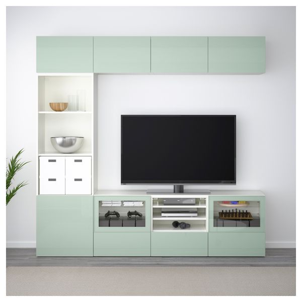 Шкаф для ТВ, комбинированный, стекляные дверцы БЕСТО, белый Сельсвикен, глянцевый/серо-зеленый светлый прозрачное стекло - фото 2