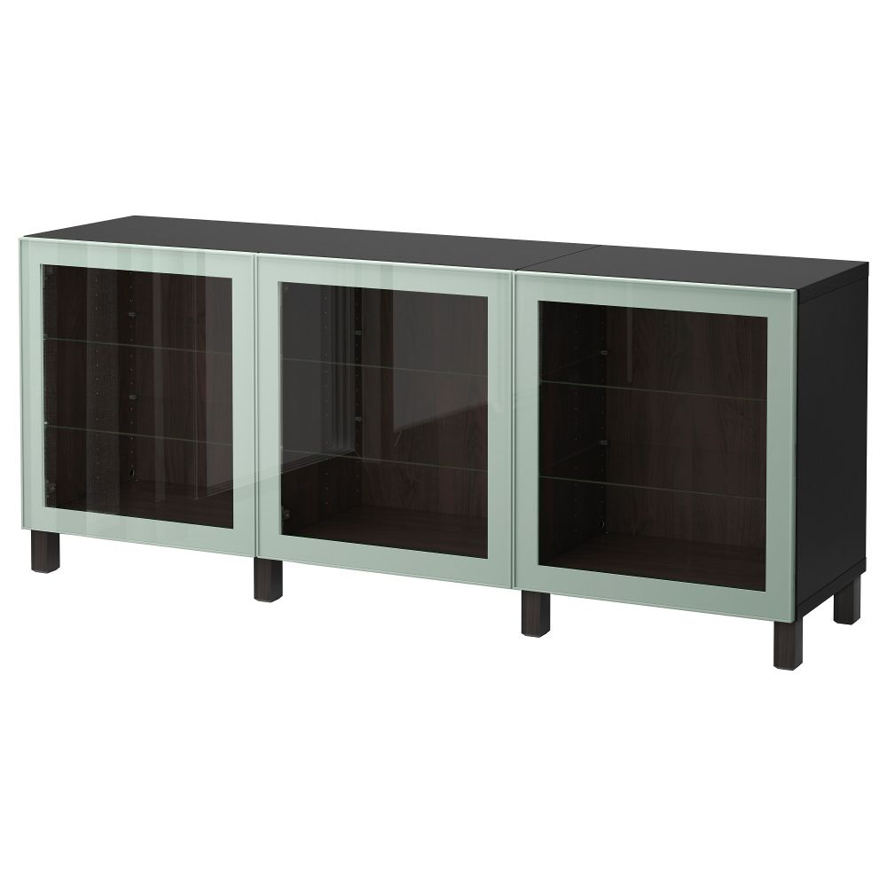 Комбинация для хранения с дверцами БЕСТО, черно-коричневый Глассвик, глянцевый/серо-зеленый светлый прозрачное стекло (180x40x74 - фото 1