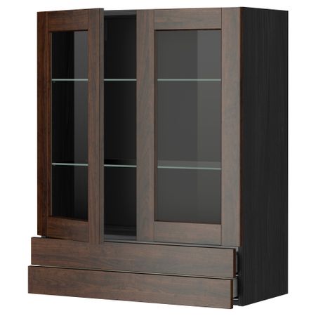 Навесной шкаф, 2 стеклянные дверцы, 2 ящика МЕТОД / МАКСИМЕРА, черный, Эдсерум коричневый