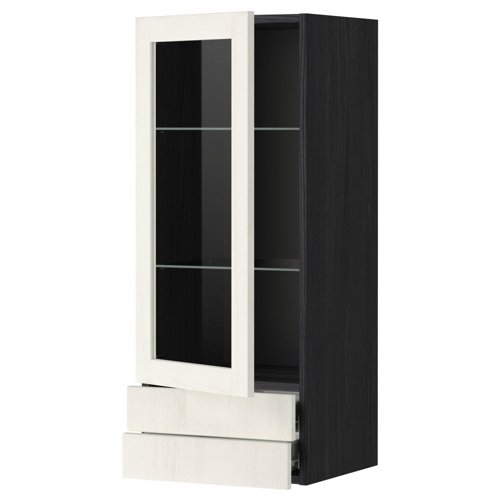 Навесной шкаф, стеклянная дверца, 2 ящика МЕТОД / ФОРВАРА, черный, Росдаль белый - схема-чертеж с размерами