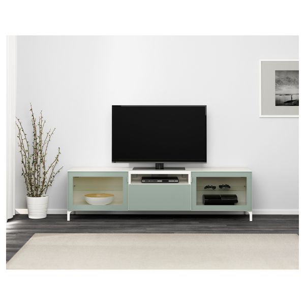 Тумба под ТВ БЕСТО, белый Сельсвикен, глянцевый/серо-зеленый светлый прозрачное стекло (180x40x48 см) - фото 2