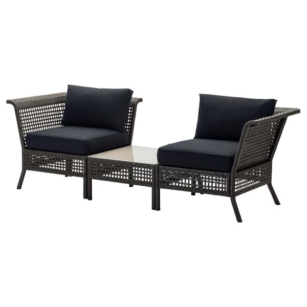 Садовое угловое кресло+столик КУНГСХОЛЬМЕН / КУНГСЭ, черно-коричневый, черный (222x80x73 см) - схема-чертеж с размерами