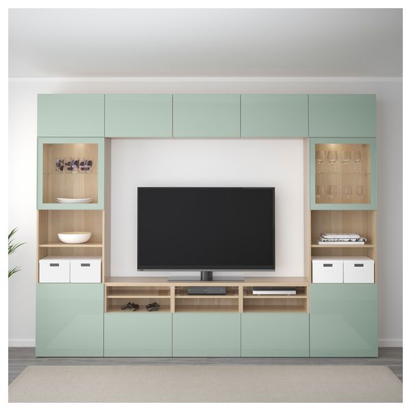 Шкаф для ТВ, комбинированный, стекляные дверцы БЕСТО, под беленый дуб Сельсвикен, глянцевый/серо-зеленый светлый прозрачное - фото 2