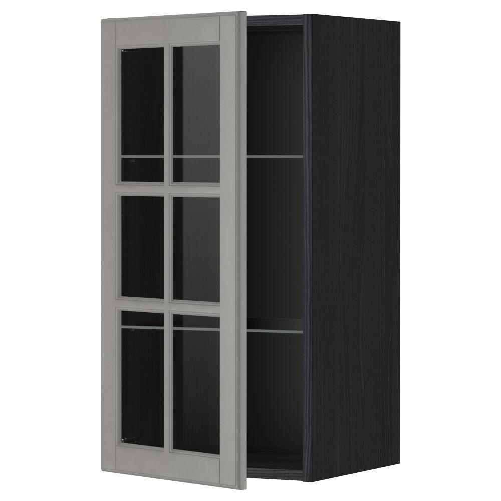 Навесной шкаф с полками, стекляными дверцы МЕТОД, черный, Будбин серый - схема-чертеж с размерами