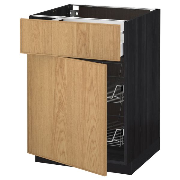 Напольный шкаф с проволочной корзиной, ящиком, дверью МЕТОД / МАКСИМЕРА, черный, Экестад дуб - схема-чертеж с размерами