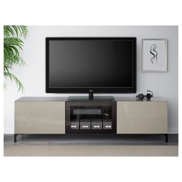 Тумба под ТВ с ящиками и дверцей БЕСТО, черно-коричневый, Сельсвикен глянцевый/бежевый прозрачное стекло (180x40x48 см) - схема-чертеж с размерами