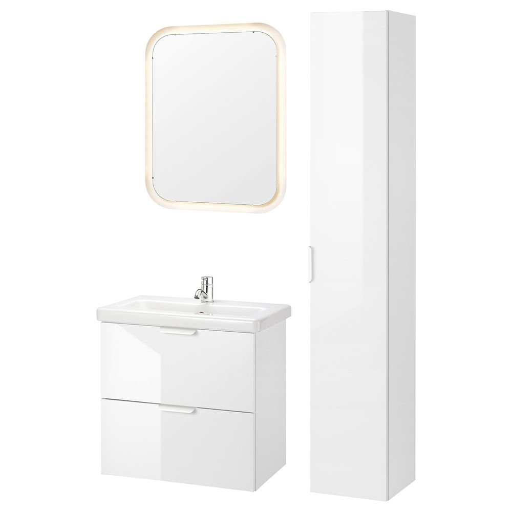 Комплект мебели для ванной,8 предм., глянцевый белый/ПИЛКОН смеситель 64x43x65 см IKEA FISKÅN ФИСКОН / TVÄLLEN ТВЭЛЛЕН - фото 1