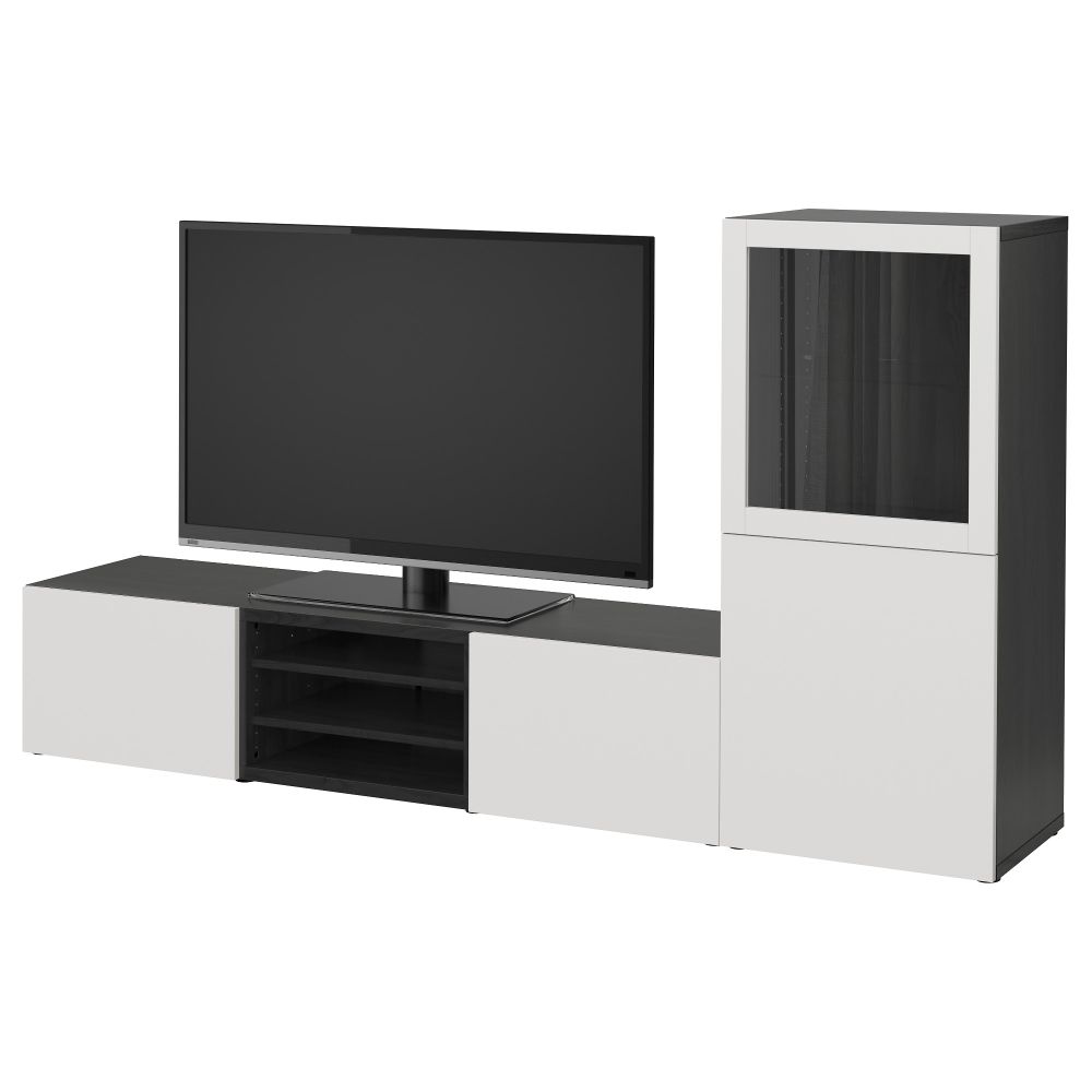 Шкаф для ТВ, комбинированный, стекляные дверцы БЕСТО, черно-коричневый, Лаппвикен светло-серый прозрачное стекло (240x40x128 см) - фото 1