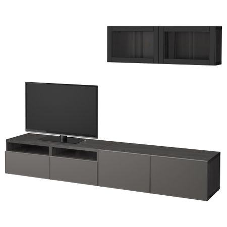 Шкаф для ТВ, комбинированный, стекляные дверцы БЕСТО, черно-коричневый Грундсвикен, темно-серый прозрачное стекло (240x20/40x166