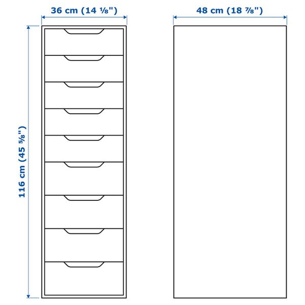 Секция с 9 ящиками, белый 36x116 см IKEA ALEX АЛЕКС 303.849.40 - схема-чертеж с размерами