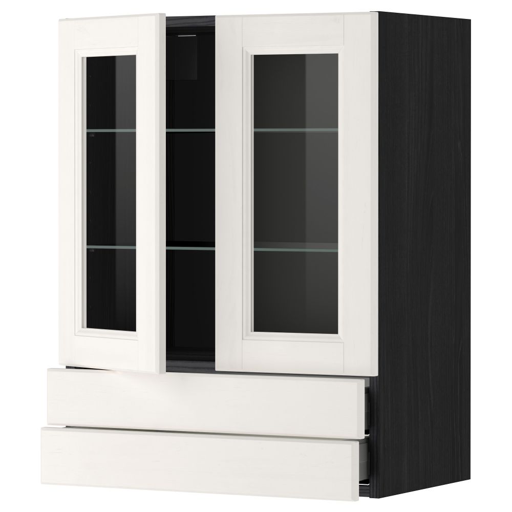 Навесной шкаф, 2 стеклянные дверцы, 2 ящика МЕТОД / МАКСИМЕРА, черный, Лаксарби белый - схема-чертеж с размерами