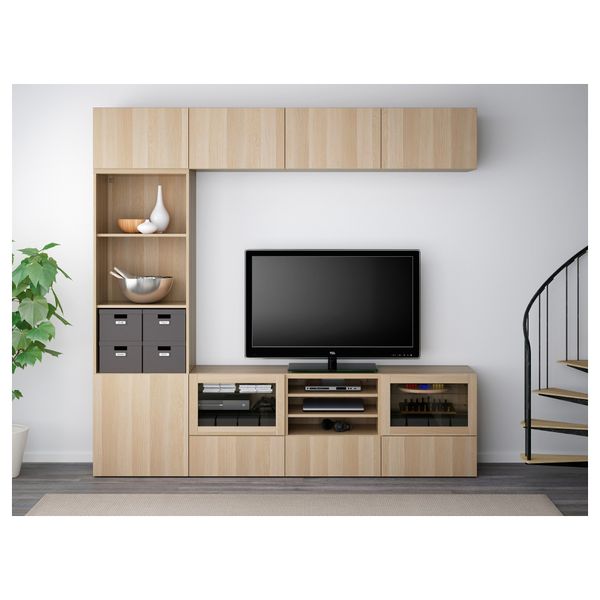 Шкаф для ТВ, комбинированный, стекляные дверцы БЕСТО, Лаппвикен, Синдвик под беленый дуб, прозрачное стелко (240x40x230 см) - фото 2