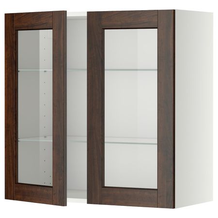 Навесной шкаф с полками, 2 стекло дв, белый/Эдсерум коричневый 80x80 см IKEA METOD МЕТОД 492.268.42