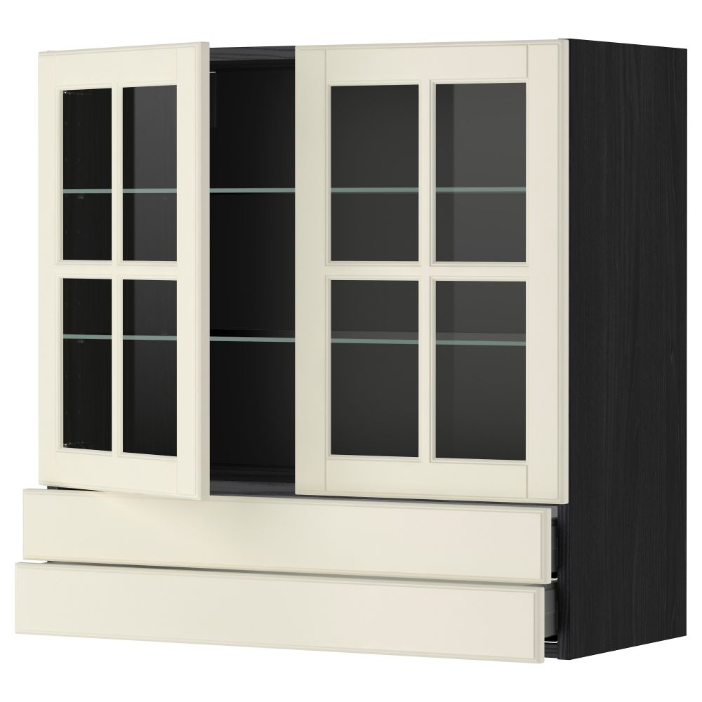 Навесной шкаф, 2 стеклянные дверцы, 2 ящика МЕТОД / МАКСИМЕРА, черный, Будбин белый с оттенком - фото 1