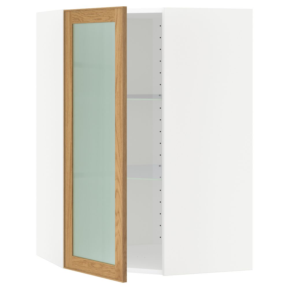 Угловой навесной шкаф с полками, стекляными дверцами МЕТОД, белый, Экестад дуб - схема-чертеж с размерами