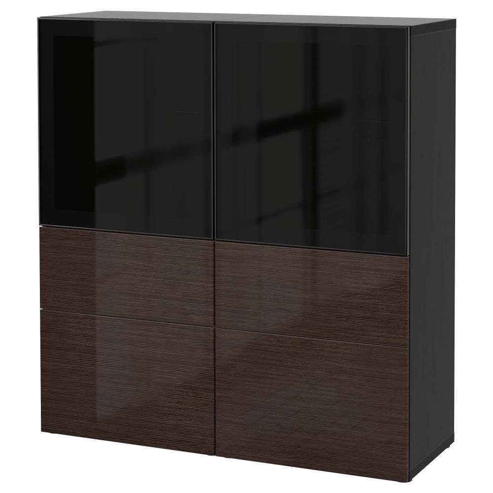 Комбинация для хранения со стеклянными дверцами БЕСТО, черно-коричневый, Сельсвикен глянцевый/коричневый дымчат стекло - фото 1