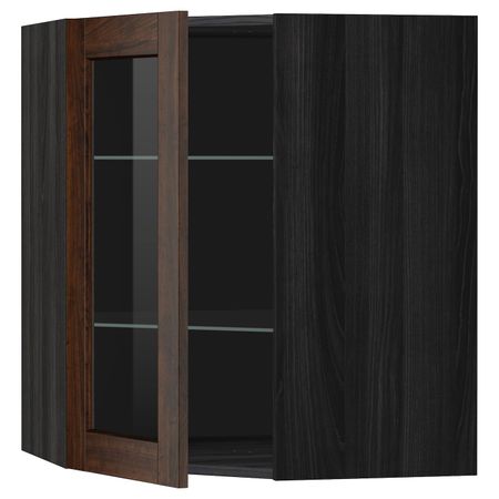 Угловой навесной шкаф с полками, стекляными дв, черный/Эдсерум коричневый 68x80 см IKEA МЕТОД 792.266.85