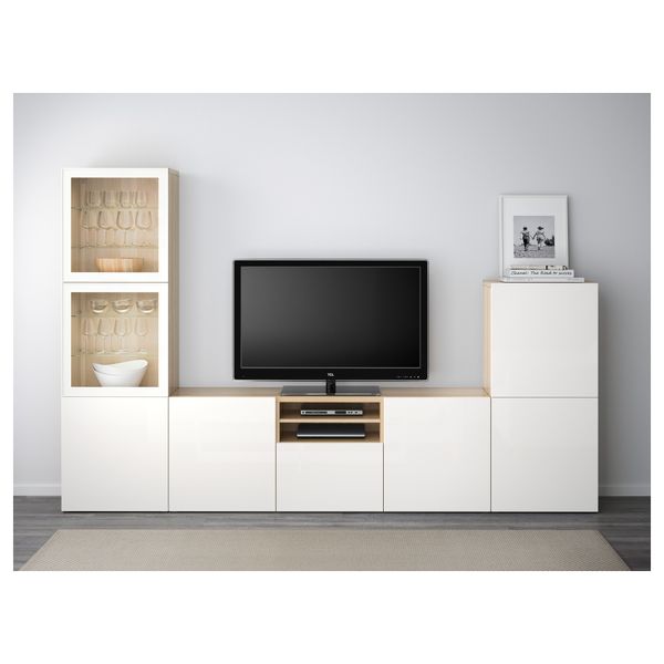 Шкаф для ТВ, комбинированный, стекляные дверцы БЕСТО, под беленый дуб, Сельсвикен глянцевый/белый прозрачное стекло (300x40x192 - фото 2