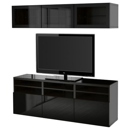 Шкаф для ТВ, комбинированный, стекляные дверцы БЕСТО, черно-коричневый, Сельсвикен глянцевый/черный прозрачное стекло