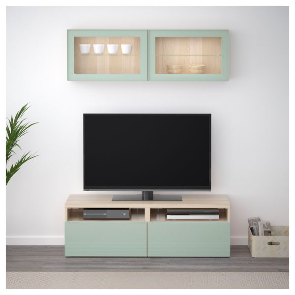 Шкаф для ТВ, комбинированный, стекляные дверцы БЕСТО, под беленый дуб Сельсвикен, глянцевый/серо-зеленый светлый прозрачное - фото 2