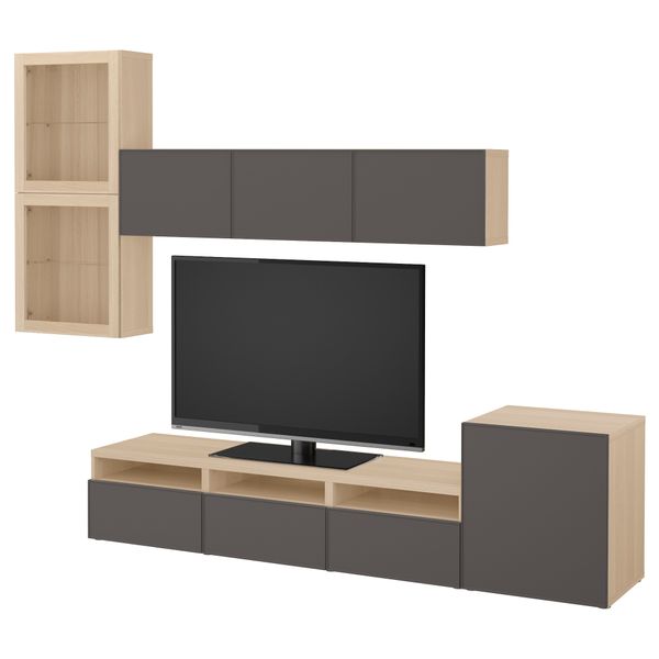 Шкаф для ТВ, комбинированный, стекляные дверцы БЕСТО, под беленый дуб Грундсвикен, темно-серый прозрачное стекло (300x20/40x211 - фото 1