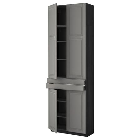 Высокий шкаф + полки, 2 ящика, 4 дверцы МЕТОД / ФОРВАРА, черный, Будбин серый (80x37x240 см)
