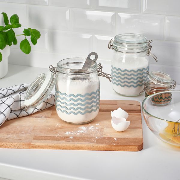 Банка с крышкой, 1 л, прозрачное стекло, с рисунком бледно-голубой IKEA KORKEN КОРКЕН 205.430.39 - фото 3