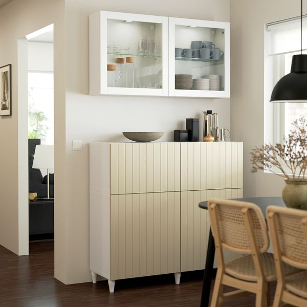 Комбинация для хранения с дверцами/ящ, белый СУТТЕРВ/КАББАРП/серо-бежевый прозрачное стекло 120x42x213 см IKEA BESTÅ БЕСТО - фото 3