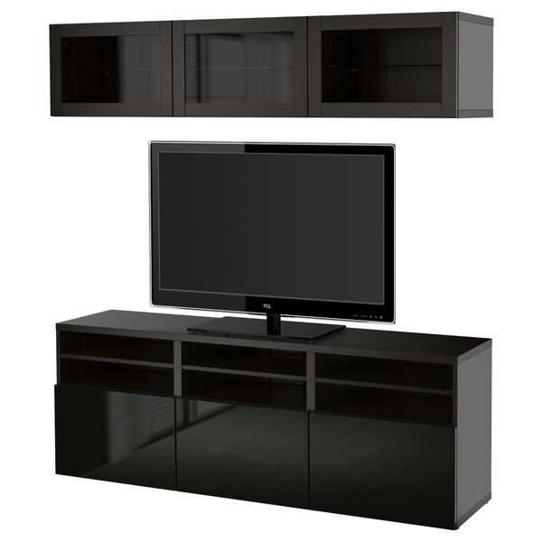 Шкаф для ТВ, комбинированный, стекляные дверцы БЕСТО, Ханвикен, Синдвик черно-коричневый прозрачное стекло (180x40x192 см) - фото 1