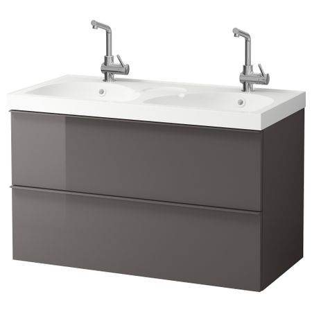 Шкаф для раковины с 2 ящиками ГОДМОРГОН / ЭДЕБОВИКЕН, глянцевый серый (100x49x64 см)