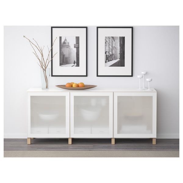 Комбинация для хранения с дверцами БЕСТО, под беленый дуб, Глассвик белый прозрачное стекло (180x40x74 см) - схема-чертеж с размерами