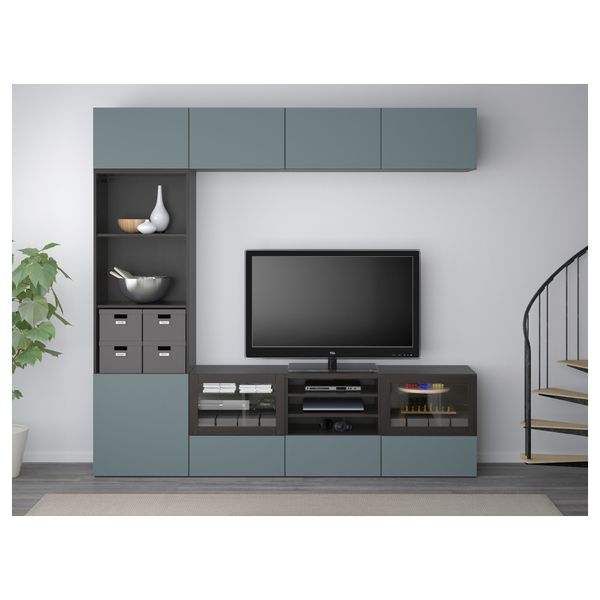 Шкаф для ТВ, комбинированный, стекляные дверцы БЕСТО, черно-коричневый, Вальвикен серо-бирюзовый, прозрачное стекло (240x40x230 - фото 2