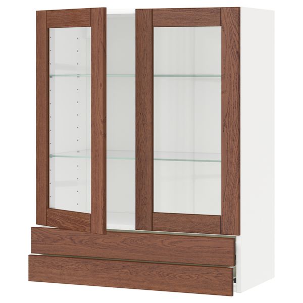 Навесной шкаф, 2 стеклянные дверцы, 2 ящика МЕТОД / ФОРВАРА, белый, Филипстад коричневый - схема-чертеж с размерами