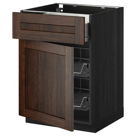 Напольный шкаф с проволочной корзиной, ящиком, дверью МЕТОД / ФОРВАРА, черный, Эдсерум коричневый