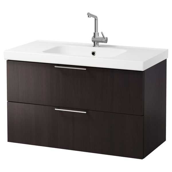 Шкаф для раковины с 2 ящиками ГОДМОРГОН / ОДЕНСВИК, черно-коричневый (100x49x64 см) - фото 2