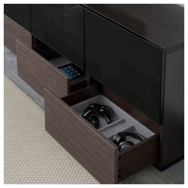 Тумба под ТВ, с дверцами и ящиками БЕСТО, черно-коричневый, Сельсвикен глянцевый/коричневый дымчат стекло (180x40x64 см) - фото 3