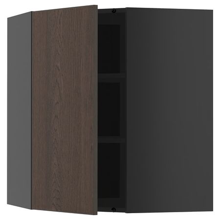 METOD Угловой навесной шкаф с полками - черно-серый/Sinarp коричневый 68x80 см
