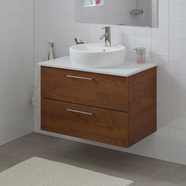 Шкаф п-раковину/столешн45/раковина, под коричневый мореный ясень/под мрамор ДАЛЬШЕР смеситель 82x49x74 см IKEA GODMORGON/TOLKEN - схема-чертеж с размерами