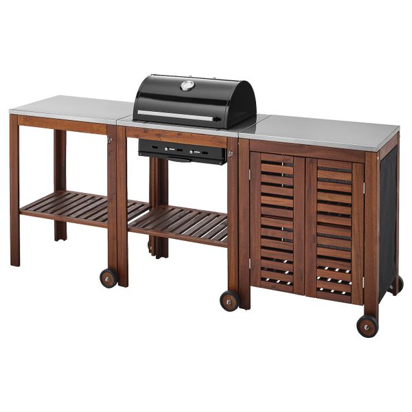 Угольный гриль + тележка, модуль для/хран, коричневая морилка, цвет нержавеющей стали IKEA ЭПЛАРО / КЛАСЕН 092.289.80 - фото 1