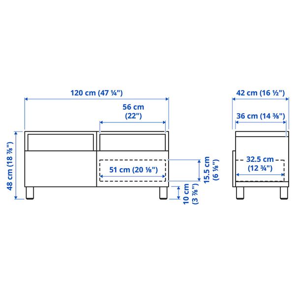 Тумба для ТВ с ящиками, белый/ХАНВИКЕН/СТУББАРП белый 120x42x48 см IKEA BESTÅ БЕСТО 792.818.94 - схема-чертеж с размерами