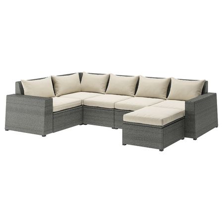 Модульный угловой 4-местный диван, садовый, с табуретом для ног темно-серый/Холло бежевый IKEA СОЛЛЕРОН 092.892.52