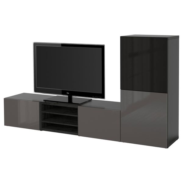 Шкаф для ТВ, комбинированный, стекляные дверцы БЕСТО, черно-коричневый, Сельсвикен глянцевый/серый дымчатое стекло (240x40x128 - фото 1