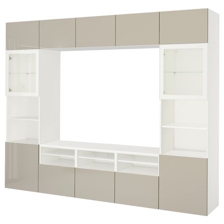 Шкаф для ТВ, комбинированный, стекляные дверцы, белый/Сельсвикен глянцевый, бежевый прозрачное стекло 300x42x231 см IKEA BESTÅ