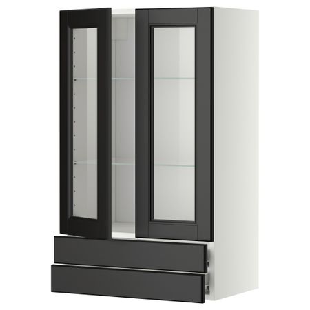 Навесной шкаф, 2 стеклянные дверцы, 2 ящика МЕТОД / ФОРВАРА, белый, Лаксарби черно-коричневый черно-коричневый