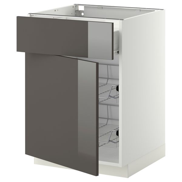 Напольный шкаф с проволочной корзиной, ящиком, дверью МЕТОД / ФОРВАРА, белый, Рингульт серый - схема-чертеж с размерами