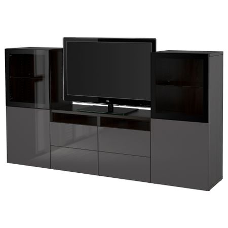 Шкаф для ТВ, комбинированный, стекляные дверцы БЕСТО, черно-коричневый, Сельсвикен глянцевый/серый прозрачное стекло (240x40x128